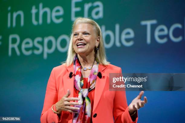 President and CEO Virginia Rometty delivers a speech to participants during the Viva Technologie show at Parc des Expositions Porte de Versailles on...