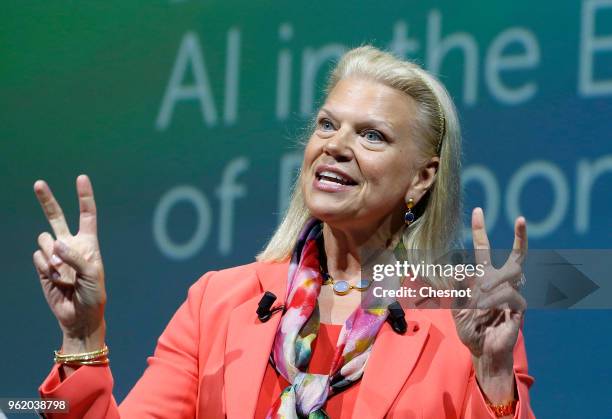 President and CEO Virginia Rometty delivers a speech to participants during the Viva Technologie show at Parc des Expositions Porte de Versailles on...