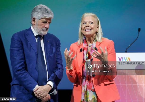 President and CEO Virginia Rometty delivers a speech next to Cofounder of Viva Technology Maurice Levy during the Viva Technologie show at Parc des...