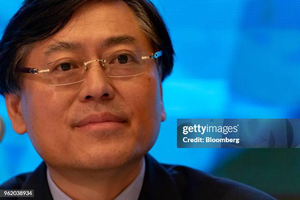 Yang Yuanqing, chairman and chief executive officer of Lenovo Group Ltd., looks on during a news conference in Hong Kong, China, on Thursday, May 24,...