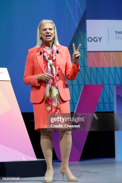 President and CEO Virginia Rometty delivers a speech to participants during the Viva Technologie show at Parc des Expositions Porte de Versailles on...