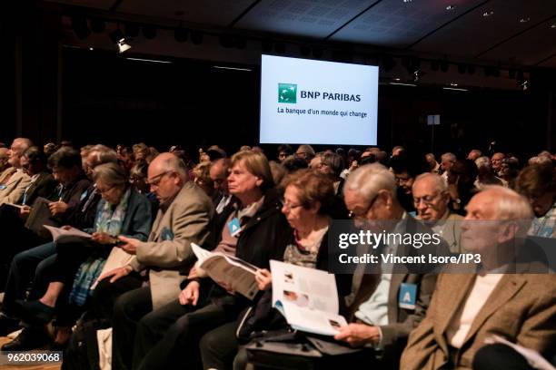 Guests attend the French banking group BNP Paribas general shareholders meeting on May 24, 2018 in Paris, France. The largest French bank present in...