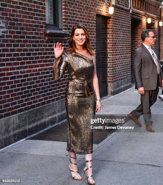 Anne Hathaway leaves 'The Late Show With Stephen Colbert' at the Ed Sullivan Theater on May 23, 2018 in New York City.