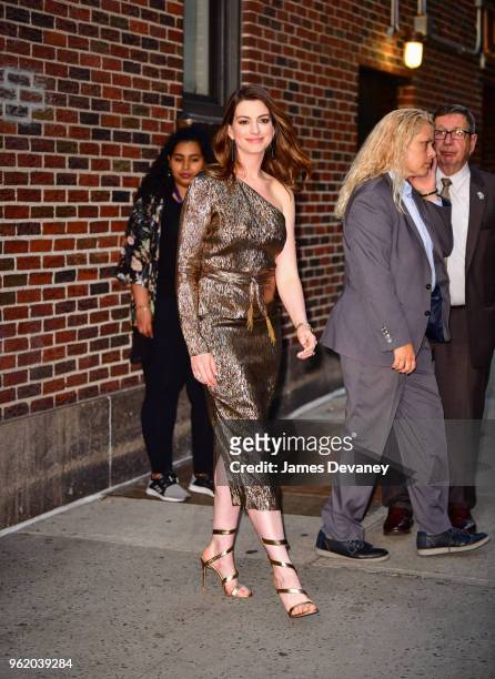 Anne Hathaway leaves 'The Late Show With Stephen Colbert' at the Ed Sullivan Theater on May 23, 2018 in New York City.