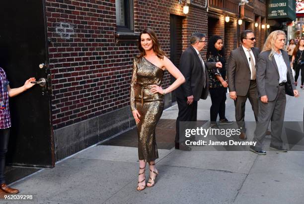 Anne Hathaway leaves 'The Late Show With Stephen Colbert' at the Ed Sullivan Theater on May 23, 2018 in New York City.