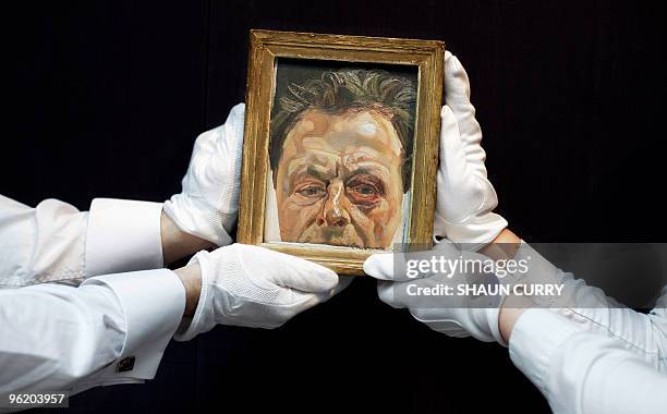 Painting entitled ' Self-Portrait with a Black Eye' by British artist Lucian Freud is displayed at Sotheby's auction house in central London, on...