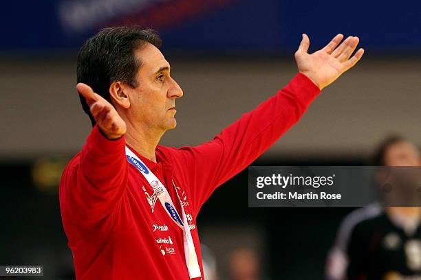 Valero Rivera, head coach of Spain reacts during the Men's Handball European main round Group II match between Germany and Spain at the Olympia Hall...