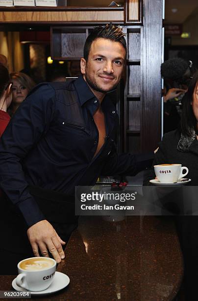 Peter Andre promotes Costa Flat White coffee at a Costa coffee shop in Piccadilly on January 27, 2010 in London, England.