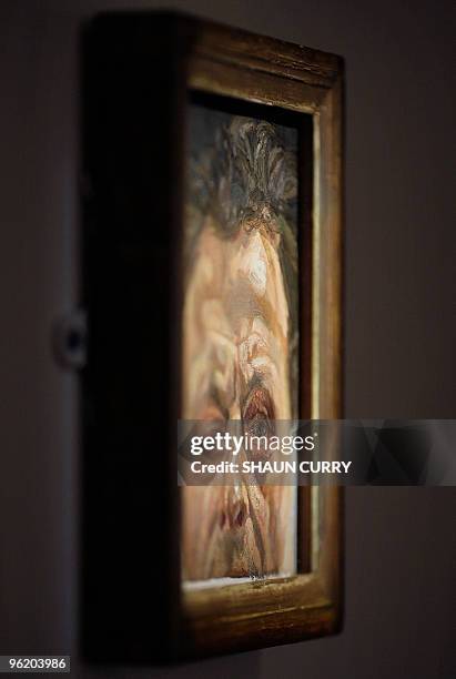 Painting entitled ' Self-Portrait with a Black Eye' by British artist Lucian Freud is displayed at Sotheby's auction house in central London, on...