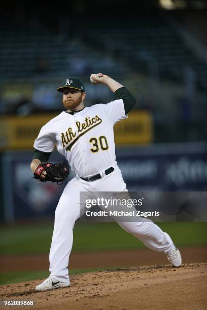 Brett Anderson of the Oakland Athletics pitches during the game against the Houston Astros at the Oakland Alameda Coliseum on May 7, 2018 in Oakland,...