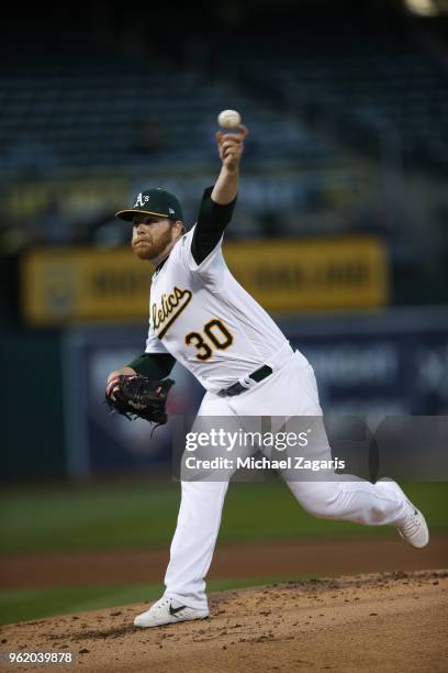 Brett Anderson of the Oakland Athletics pitches during the game against the Houston Astros at the Oakland Alameda Coliseum on May 7, 2018 in Oakland,...