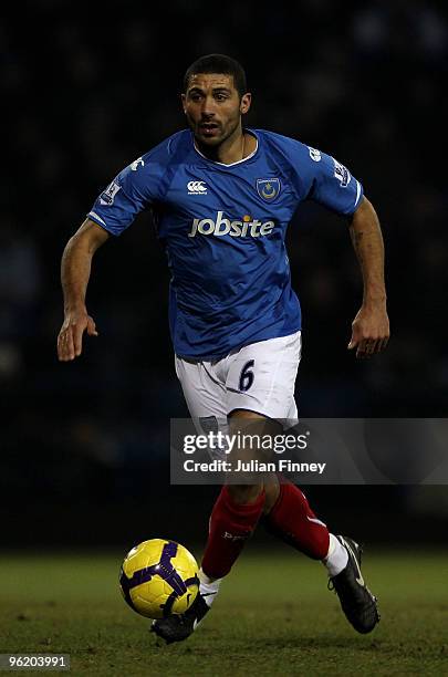 Hayden Mullins of Portsmouth in action during the Barclays Premier League match between Portsmouth and West Ham United at Fratton Park on January 26,...