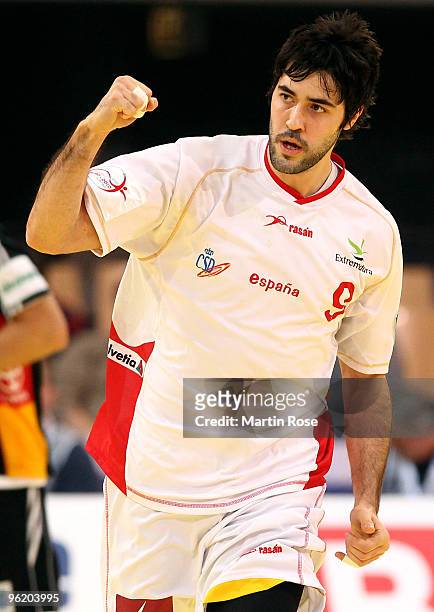 Raul Entrerrios of Spain celebrates during the Men's Handball European main round Group II match between Germany and Spain at the Olympia Hall on...