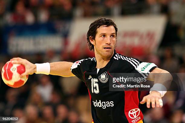 Torsten Jansen of Germany plays the ball during the Men's Handball European main round Group II match between Germany and Spain at the Olympia Hall...