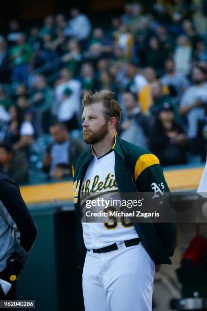 Brett Anderson of the Oakland Athletics stands on the field prior to the game against the Houston Astros at the Oakland Alameda Coliseum on May 7,...