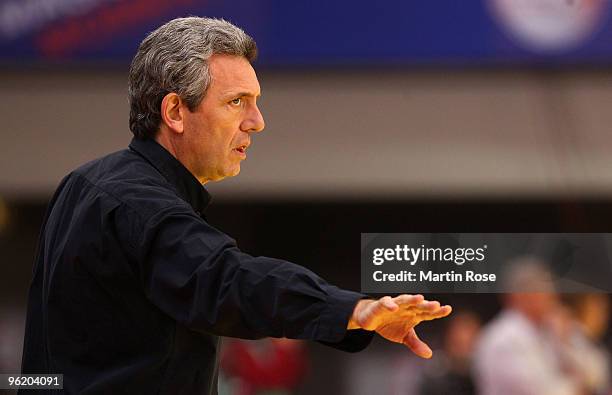 Claude Onesta, head coach of France gestures during the Men's Handball European main round Group II match between Slovenia and France at the Olympia...