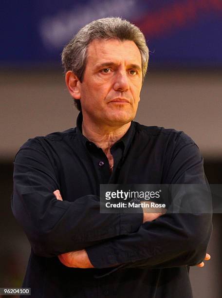 Claude Onesta, head coach of France gestures during the Men's Handball European main round Group II match between Slovenia and France at the Olympia...