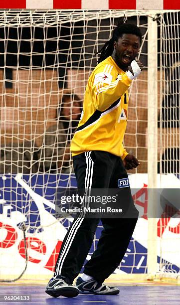 Daouda Karaboue, goalkeeper of France celebrates during the Men's Handball European main round Group II match between Slovenia and France at the...