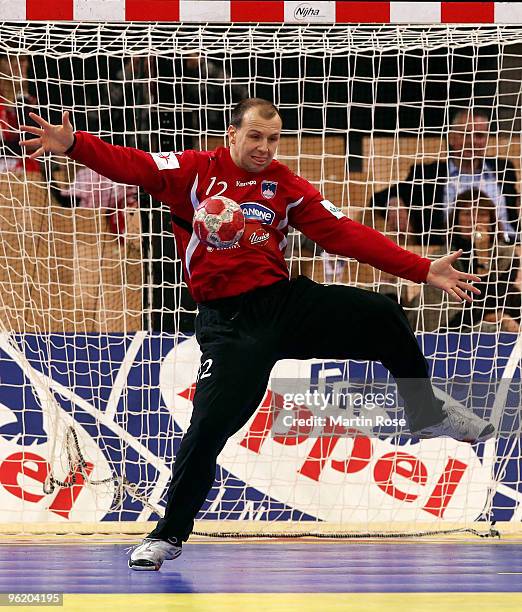 Gorazd Skof, goalkeeper of Slovenia saves the ball during the Men's Handball European main round Group II match between Slovenia and France at the...