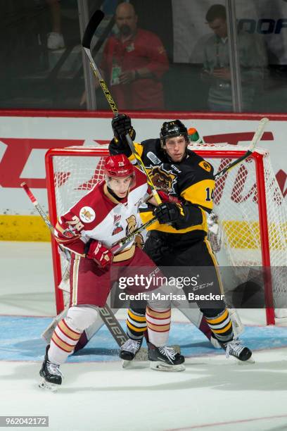 Michal Ivan of Acadie-Bathurst Titan stick checks Will Bitten of Hamilton Bulldogs in front of the net during second period at Brandt Centre - Evraz...