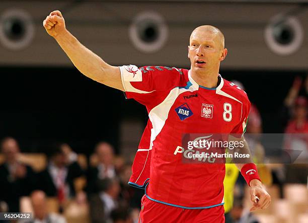 Karol Bielecki of Poland celebrates during the Men's Handball European main round Group II match between Poland and Czech Republic at the Olympia...