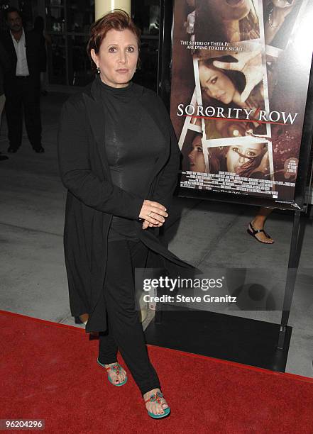 Carrie Fisher arrives at the Los Angeles premiere of "Sorority Row" at the ArcLight Hollywood on September 3, 2009 in Hollywood, California.