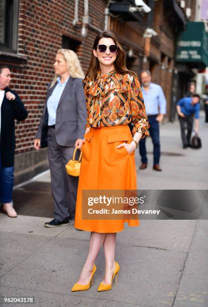 Anne Hathaway arrives to 'The Late Show With Stephen Colbert' at the Ed Sullivan Theater on May 23, 2018 in New York City.