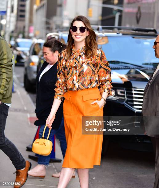 Anne Hathaway arrives to 'The Late Show With Stephen Colbert' at the Ed Sullivan Theater on May 23, 2018 in New York City.