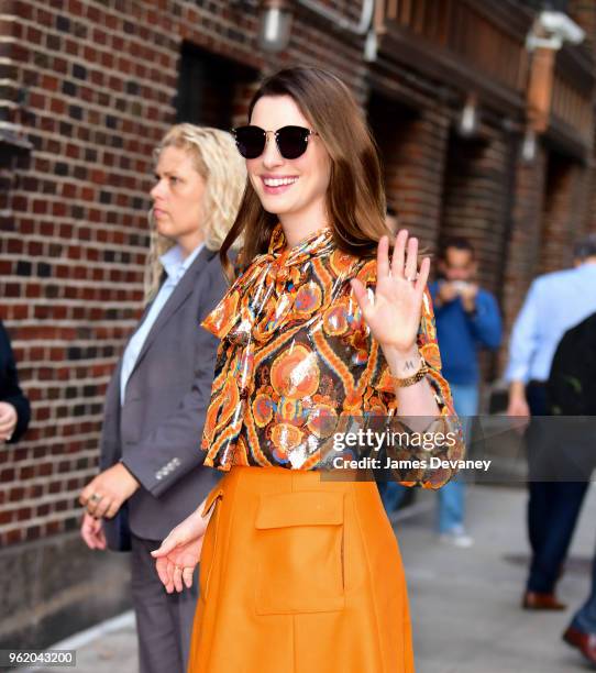 Anne Hathaway arrives to 'The Late Show With Stephen Colbert' at the Ed Sullivan Theater on May 23, 2018 in New York City.