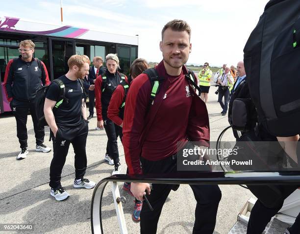 Simon Mignolet of Liverpool on his way to the UEFA Champions League Final in Kiev at John Lennon Airport Ground on May 24, 2018 in Liverpool, England.