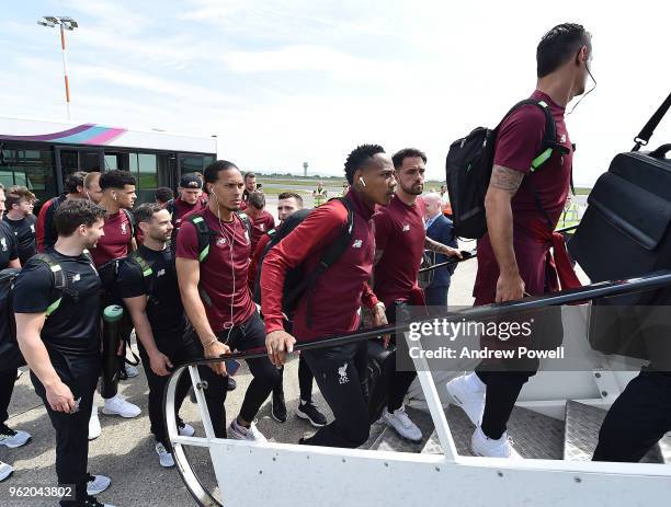 Virgil van Dijk, Nathaniel Clyne, Danny Ings and Dejan Lovren of Liverpool on his way to the UEFA Champions League Final in Kiev at John Lennon...