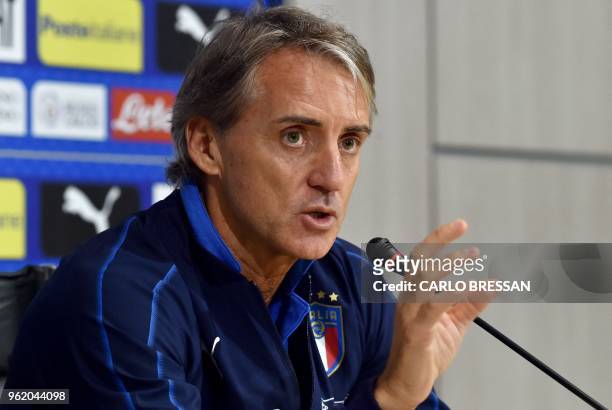 Italy's national football team new coach Roberto Mancini gives a press conference on May 24, 2018 at Coverciano's training camp near Florence.