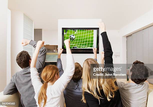 fans cheering world cup football on television - watching tv from behind stockfoto's en -beelden