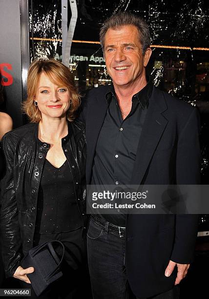 Actress Jodie Foster and actor Mel Gibson arrive at the "Edge Of Darkness" premiere held at Grauman's Chinese Theatre on January 26, 2010 in...