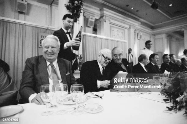 British Conservative Party politicians Edward Heath , Lord Hailsham and William Whitelaw at an awards lunch, London, February 1994.