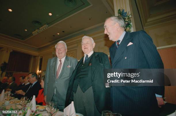 British Conservative Party politicians Edward Heath , Lord Hailsham and William Whitelaw at an awards lunch, London, February 1994.