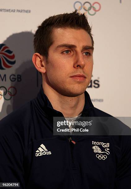 Short Track Speed Skater Jon Eley of Great Britain looks on at a press conference during the Team GB adidas Winter Olympic kit launch at Somerset...