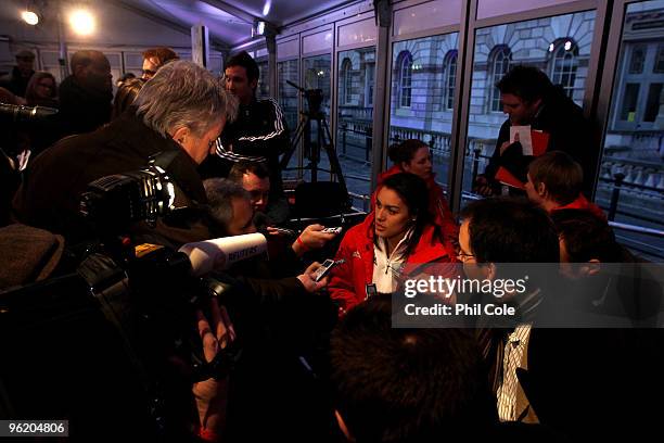 Bobsleigher Nicola Minichiello of Great Britain talks to the media during the Team GB adidas Winter Olympic kit launch at Somerset House on January...