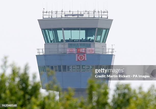 Message of support for the players on the control tower at Liverpool John Lennon Airport as Liverpool FC prepare to depart for the UEFA Champions...