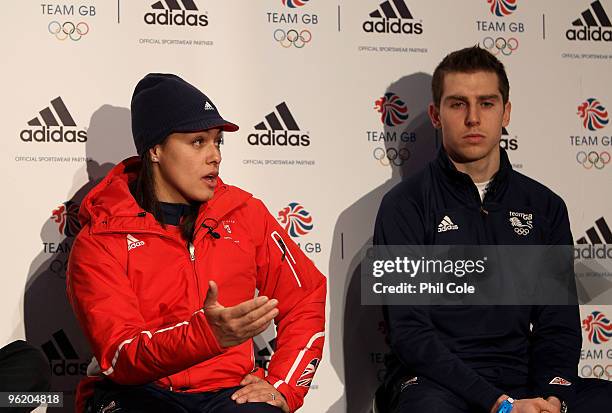 Bobsleigher Nicola Minichiello and Short Track Speed Skater Jon Eley of Great Britain talk to the media at a press conference during the Team GB...