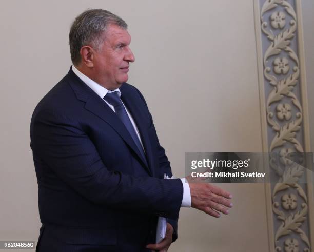 Rosneft President Igor Sechin attends a meeting with Chinese Vice President Wang Qishan at Konstantin Palace on May 24, 2018 in Saint Petersburg...