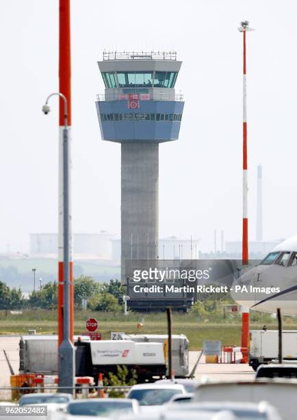Message of support for the players on the control tower at Liverpool John Lennon Airport as Liverpool FC prepare to depart for the UEFA Champions...