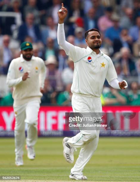 Faheem Ashraf of Pakistan celebrates after bowling out Jonny Bairstow of England during the NatWest 1st Test match between England and Pakistan at...