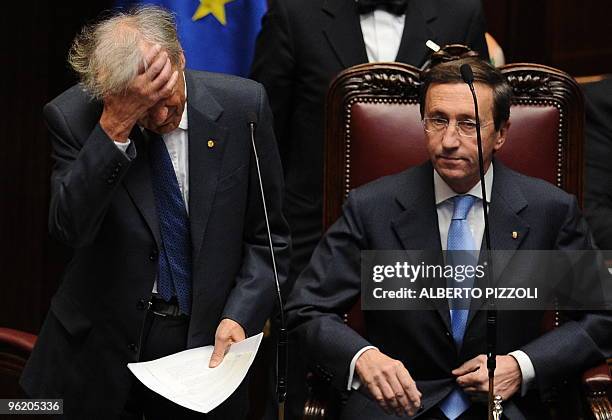 Nobel laureate and Holocaust survivor Elie Wiesel addresses the Italian parliament as President of the parliament Gianfranco Fini listens on the...