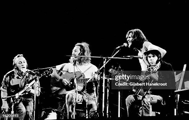 Crosby, Stills, Nash & Young perform live on stage at Wembley Stadium on September 14 1974 L-R Stephen Stills, David Crosby, Graham Nash, Neil Young