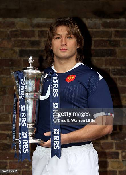Dimitri Szarzewski of France poses with the RBS 6 Nations trophy at the RBS Six Nations Launch at The Hurlingham Club on January 27, 2010 in London,...
