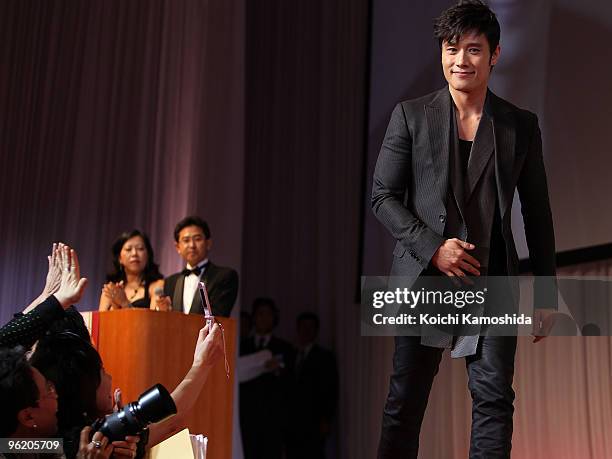 Actor Lee Byung-Hun, Japan Best Jewellery Dresser Award Winner of Special Award for Male category, attends the 21st Japan International Jewellery...