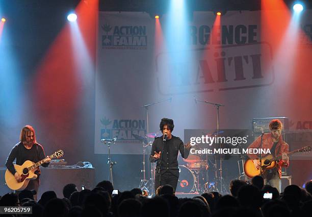 Singer Nicola Sirkis of French rock band Indochine performs on stage during a charity concert organised for the victims of the Haiti earthquake on...