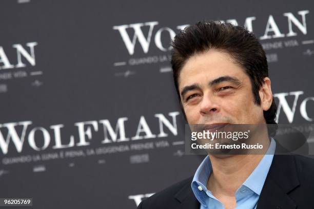 Benicio Del Toro attends a photocall for 'Wolfman' at La Casa Del Cinema on January 27, 2010 in Rome, Italy.