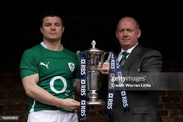 Ireland Captain Brian O'Driscoll and Coach Declan Kidney pose with the RBS 6 Nations trophy at the RBS Six Nations Launch at The Hurlingham Club on...